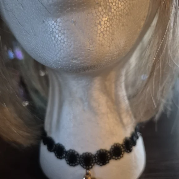 Black Lace Choker Necklace with Gold Flower Pendant - Picture 2 of 3